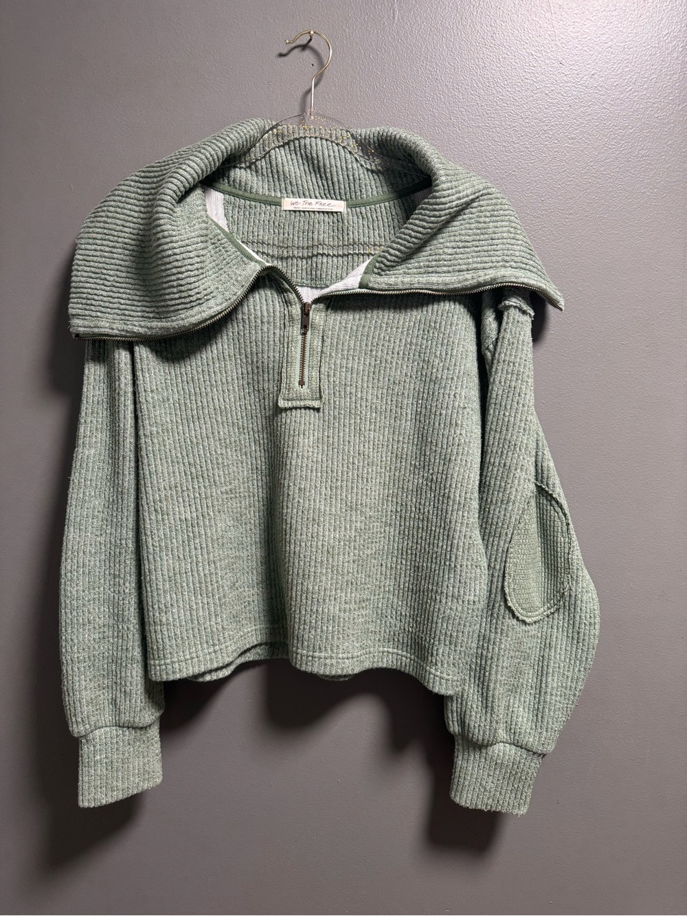 We The Free by Free People Dean Sweater Sage Green Half-Zip Cropped Slouchy Fit - Picture 3 of 7